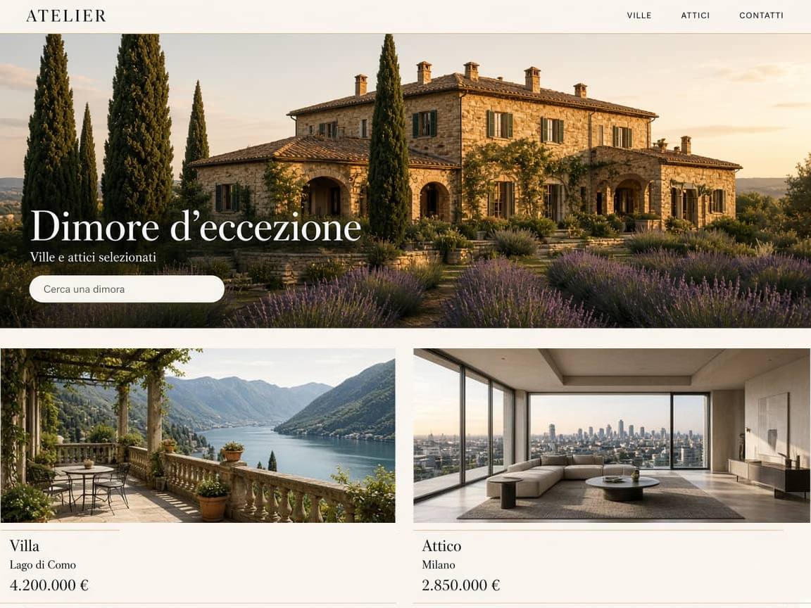 Esempio di sito di lusso per un’agenzia immobiliare: villa in evidenza, attico a Milano e villa sul Lago di Como